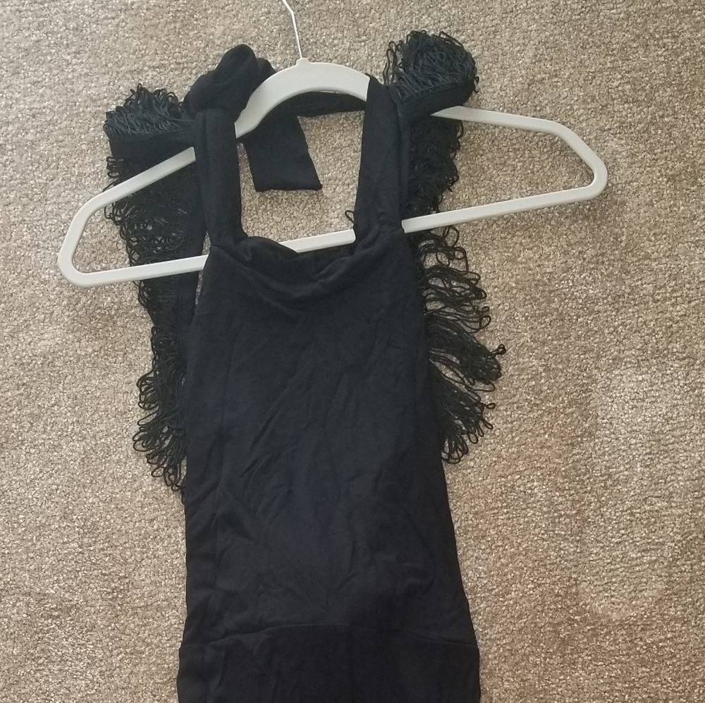 Halter back out back tie fringe draping dress
